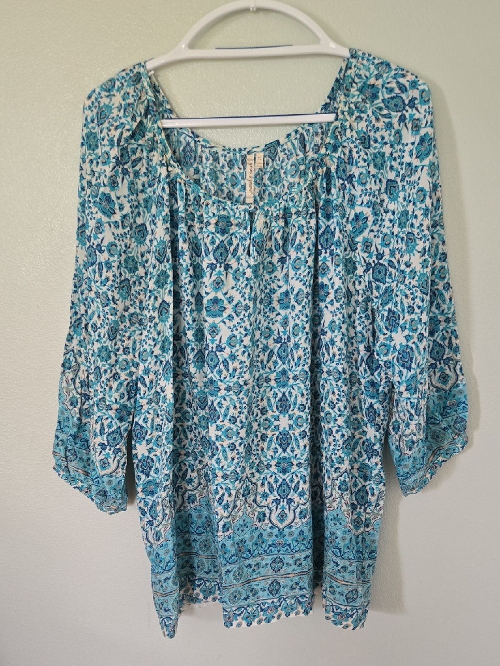 Grand & Greene | Teal Blue Paisley Print Peasant Blouse Size XL
